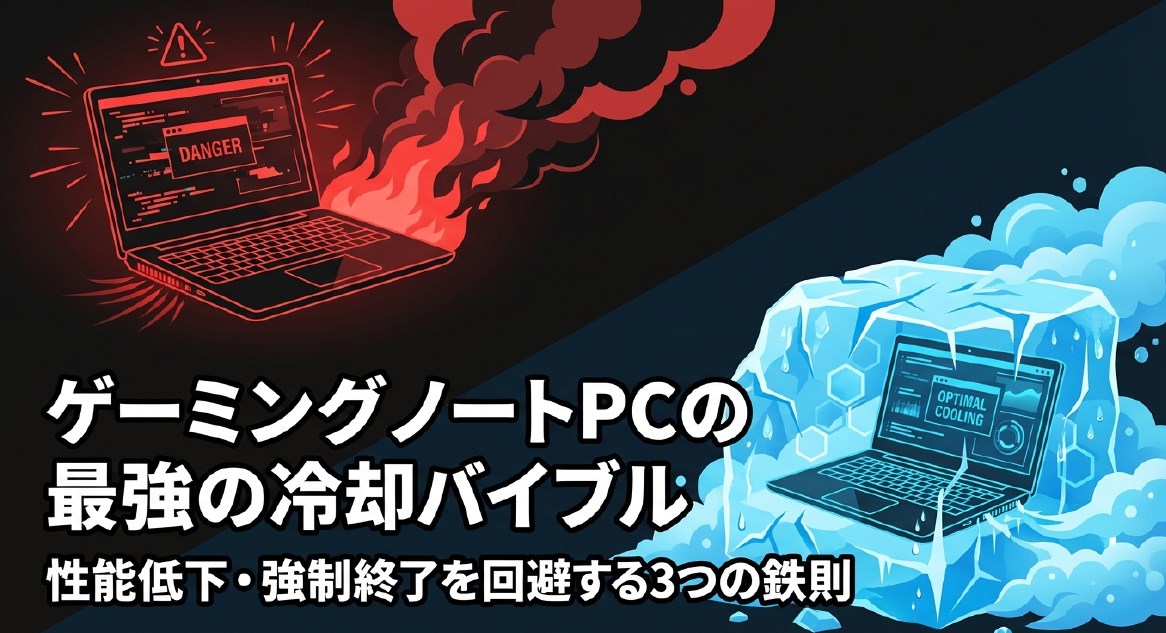 時間経過に伴う温度上昇とFPS(パフォーマンス)低下の反比例関係を示したグラフ。危険域に達すると強制終了やカクつきが発生することを示唆している。