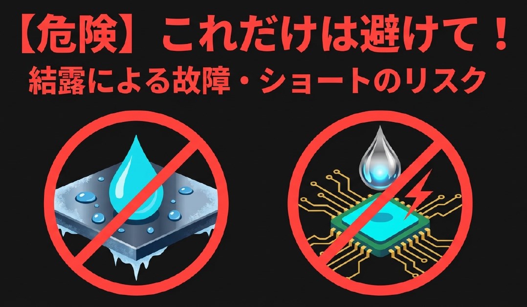 禁止マークの中に水滴とPCチップが描かれたイラスト。結露によるショートのリスクを警告している。